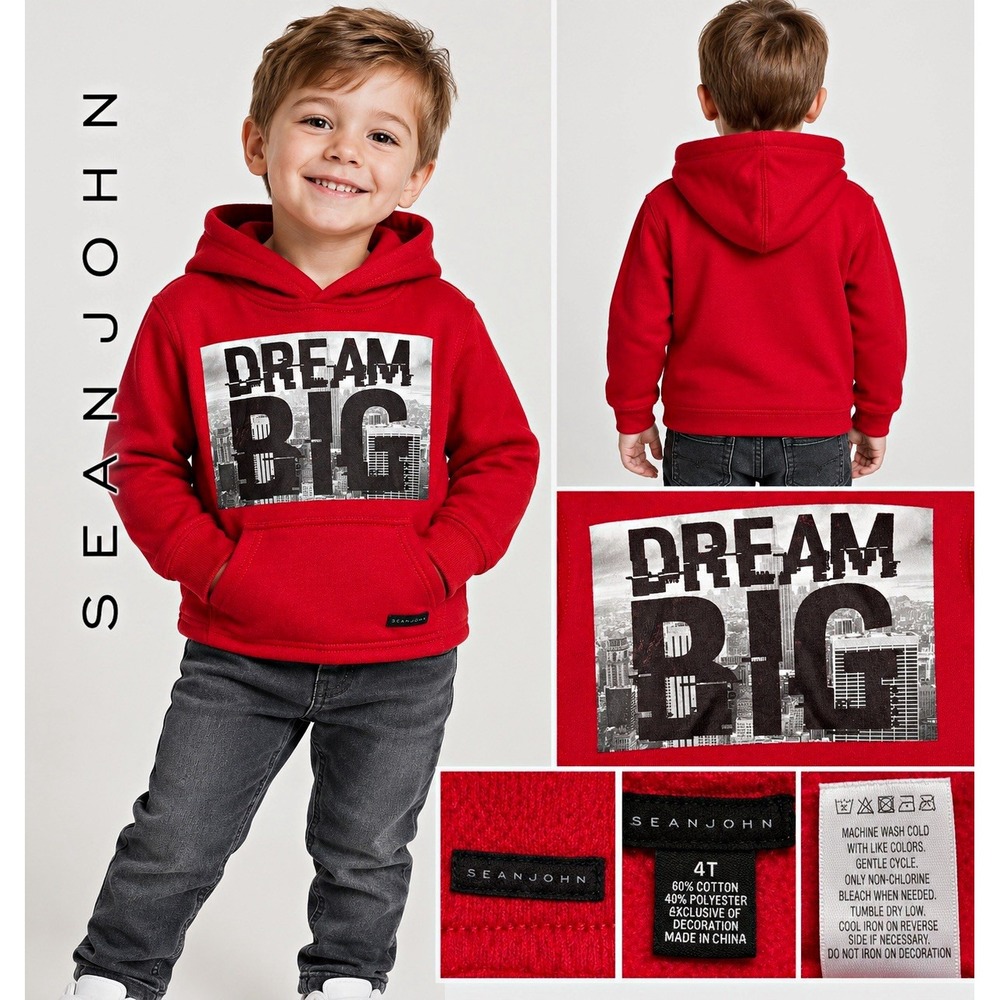 Sean John Boys 4T "Dream Big" Red Hoodie, City Graphic Pullover - 2016 - HTF